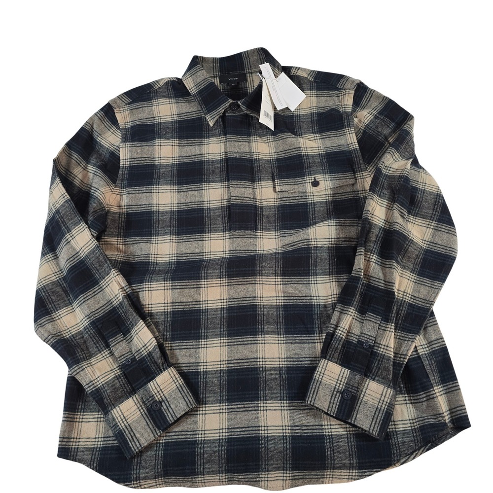 Vince Mens Plaid Flannel Long Sleeve Shirt Black Tan Cotton M11801599 Size L